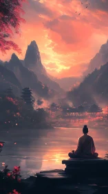 Monk meditates by lake under blazing sakura sunset sky.