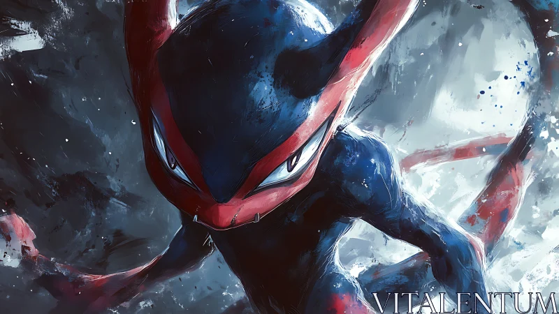 Intense blue and red creature lunges through swirling storm.