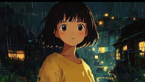 Young girl in yellow under rainy neon-lit night sky.