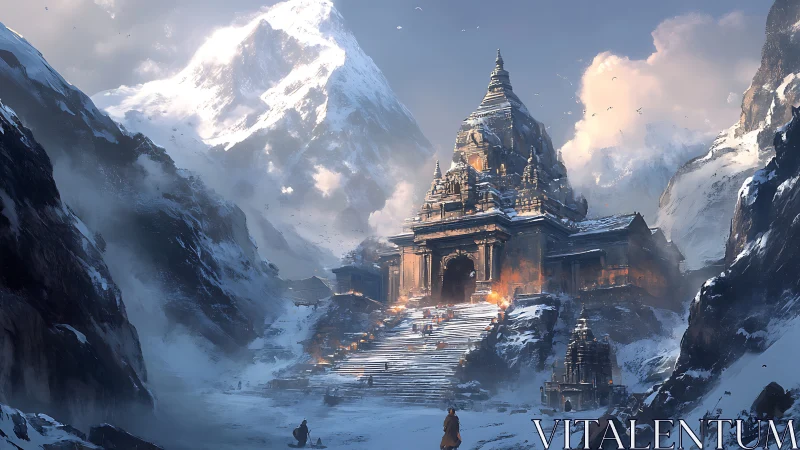 Himalayan stone temple glowing within snowbound peaks.