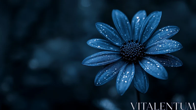Single blue flower shows raindrops on petals in closeup view