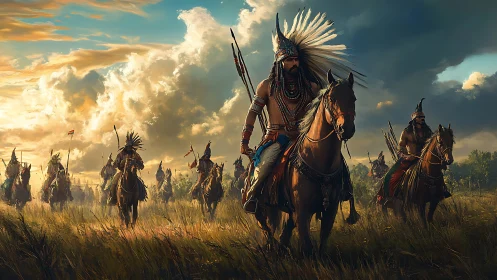 Mounted warriors ride across sunlit plains under storm clouds.