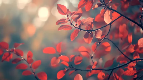Autumn Branch with Red Leaves in Soft Focus Nature Photography.