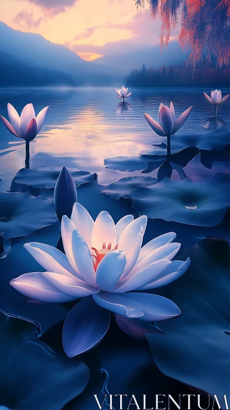 Backlit waterlilies render display volumetric dusk lighting gradients