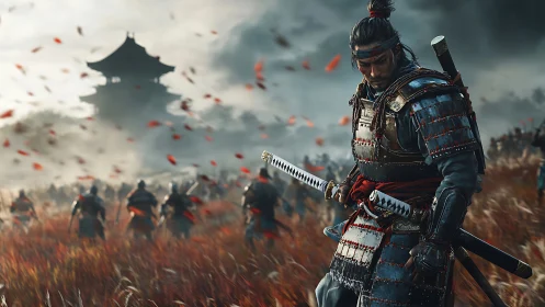 Armored samurai leader in battlefield of red grass storm