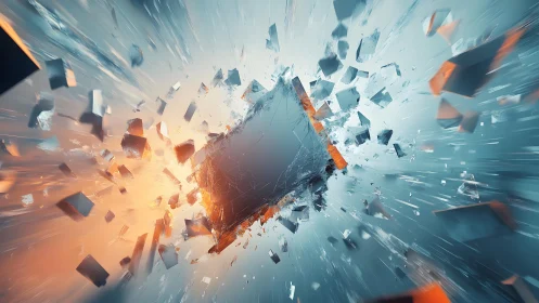 Futuristic cube shattering with dynamic energy in digital art style.