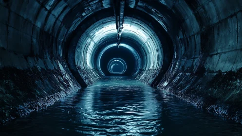 Cylindrical drainage conduit under blue-tinted LED illumination.