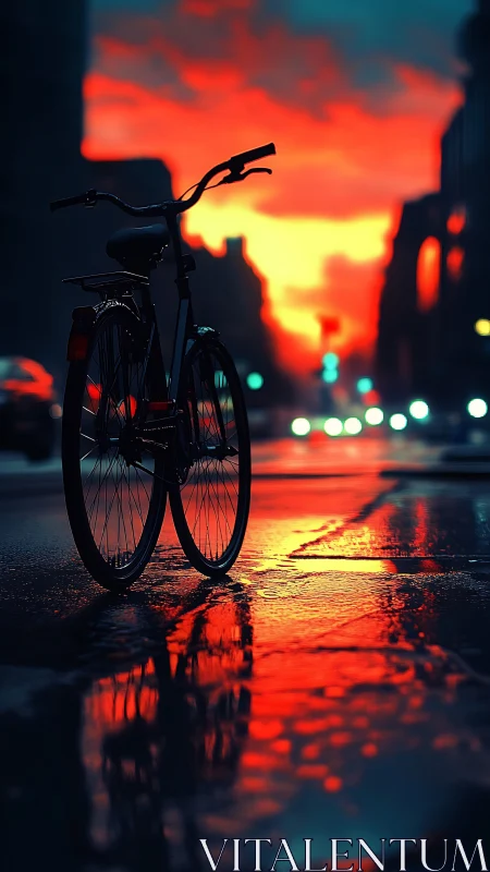 Bicycle silhouette against fiery sunset sky with urban street reflection.