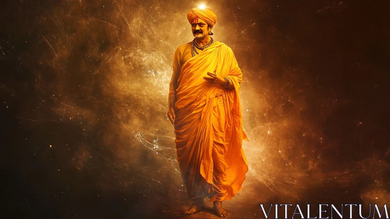 Mystic monk in radiant saffron robes amid cosmic glow.