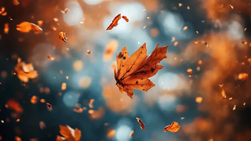 Single autumn leaf drifts through a warm, dreamy bokeh glow