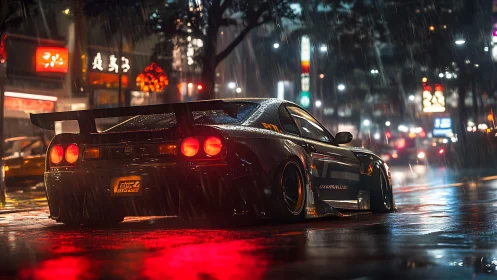 Modified sports car is parked on a wet neon city street at night
