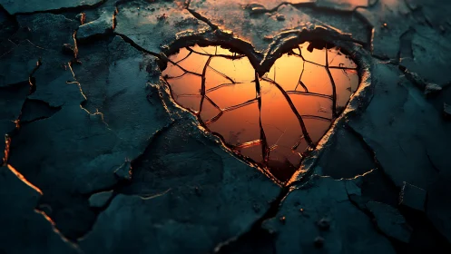 Heart-Shaped Crack in Weathered Teal Surface with Golden Light