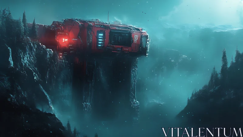 Red industrial structure spans a fog-covered mountain ravine