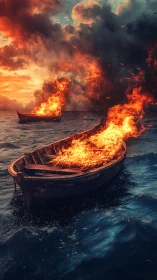 Burning Boats at Dusk: Nature's Fiery Drama Unfolds.