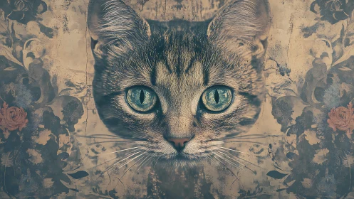 Feline portrait displayed against ornamental distressed background surface.
