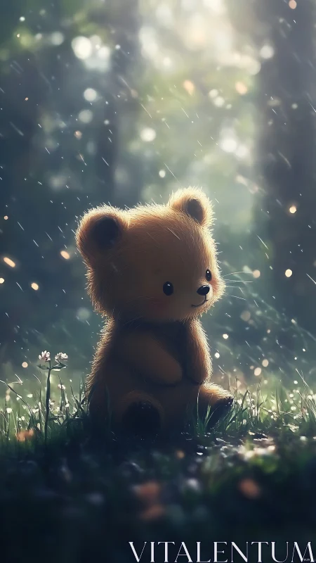 Soft teddy bear sits in dreamy rainlit forest clearing.