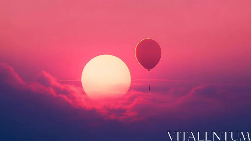 Digital painting of balloon and sun over magenta cloudscape.