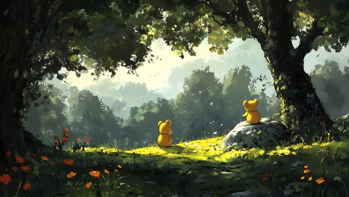 Two yellow figures occupy a sunlit forest clearing beneath dense canopy.