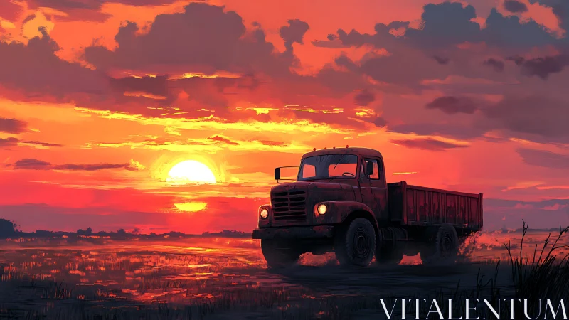 Sunset-painted pickup rolls quietly through glowing wetlands