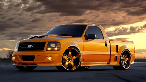 Orange custom pickup truck under dramatic sunset sky.