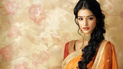 Elegant Indian woman in orange saree, traditional portrait style.