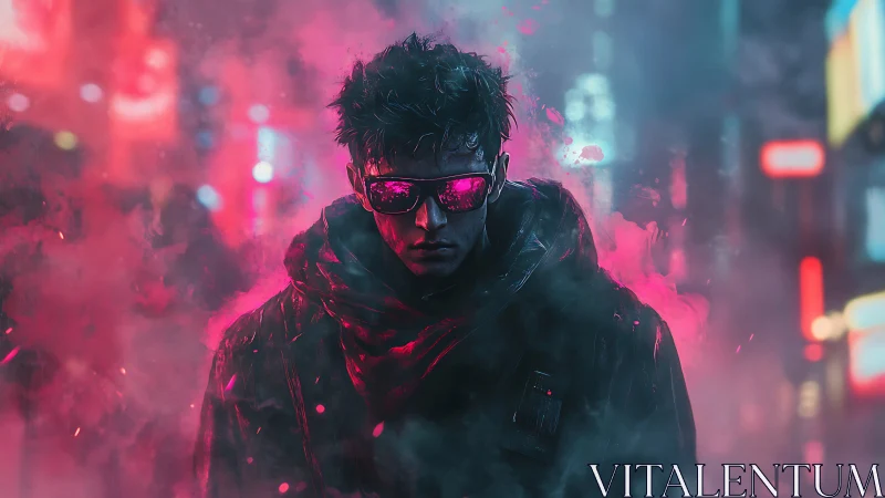 Figure in reflective visor stands in neon fog-filled streets