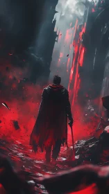 Lone warrior strides through crimson ruins toward chaos.