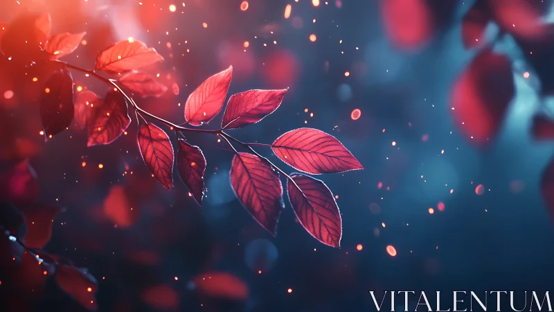 Cinematic macro study of glowing red foliage on bokeh field.