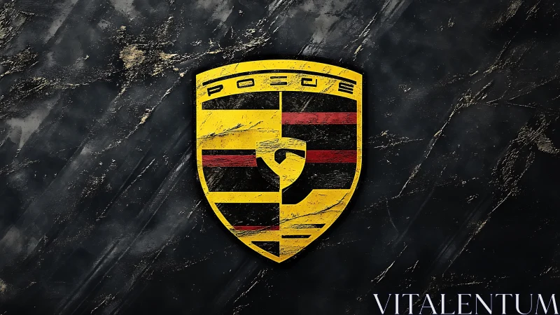 Yellow automotive-style shield logo on dark stone background.