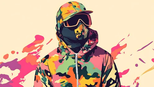Hooded urban figure in neon camo vector illustration profile.