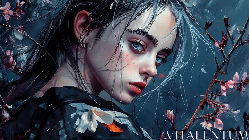 Melancholic girl amid blossoms in moody digital painting.