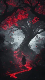 Scarlet Path Under the Waking Bloodroot Tree of Night.