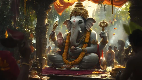 Ritualized Ganesha shrine under volumetric jungle light.