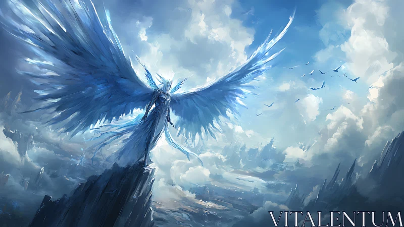 Celestial seraph with outstretched azure wings above clouds