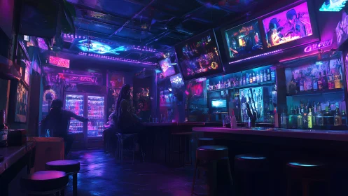 Neon cyberpunk bar interior glows with saturated nightlife light