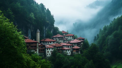 Mountain village complex emerges from dense forest mist