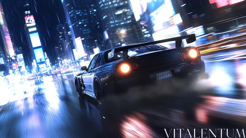 Neon night racer slicing rainlit cybercity streets.