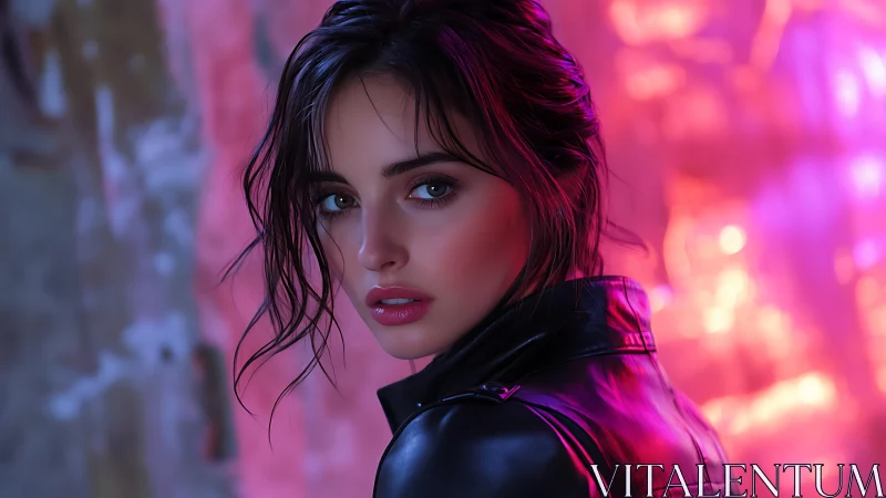 Neon-lit portrait captures a woman in glossy black leather.