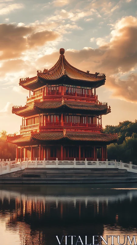 Multi tier Chinese pavilion by lakeside under sunset sky.