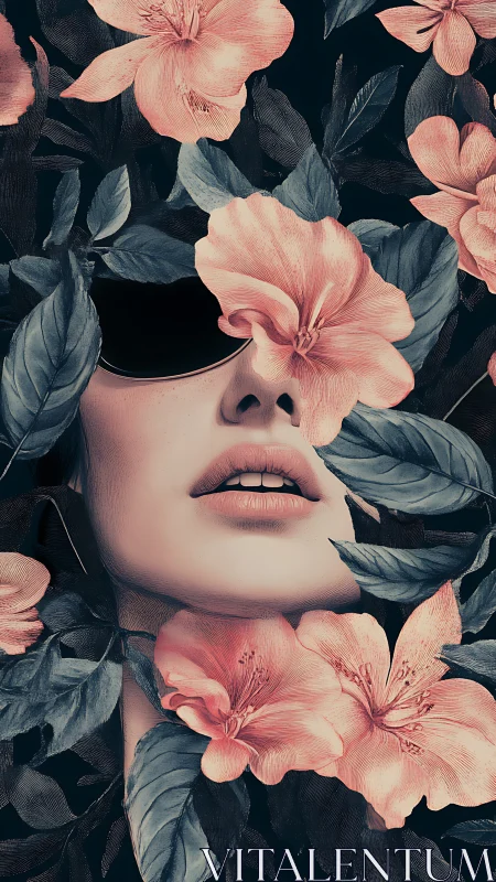 Female face partially obscured by pink flowers and foliage.