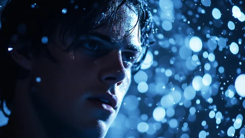 Moody wet portrait in blue bokeh rain lighting study.