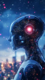 Cybernetic profile merges neon circuitry and city lights.