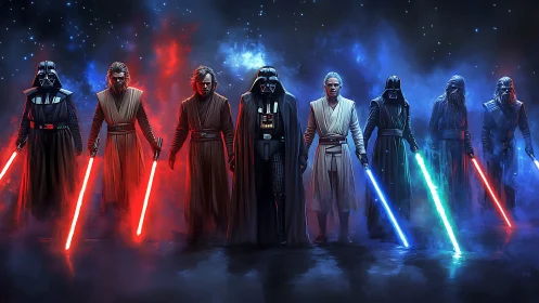 Jedi and Sith warriors clash under neon-lit cosmic sky.