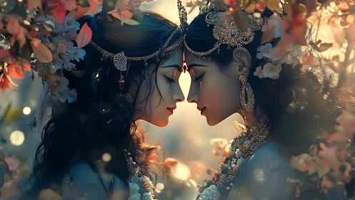 Symmetrical floral portrait of jeweled twin deities in bokeh glow.