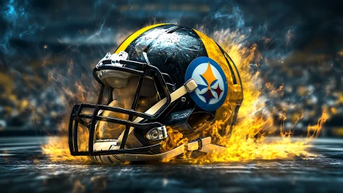 Photorealistic football helmet on fire with glossy steel shell