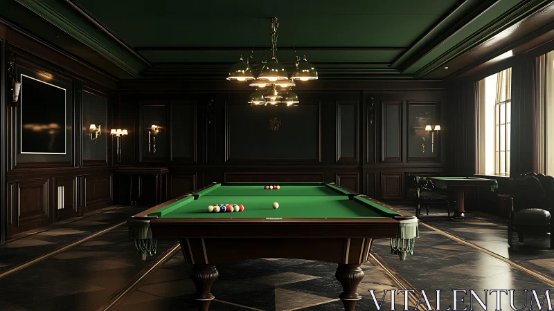 Velvet hush over emerald billiards in a gentleman&rsquo;s den.