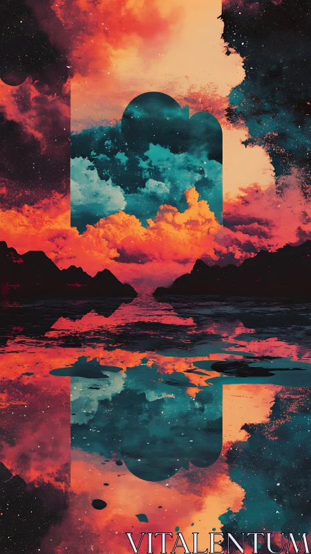 Neon dusk seascape with mirrored cosmic cloud portals.