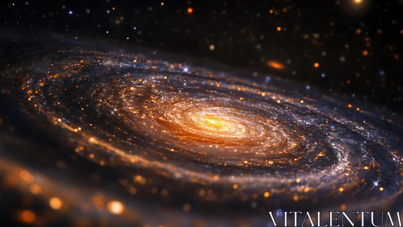 Spiral galaxy disk rendered with luminous core and dust lanes