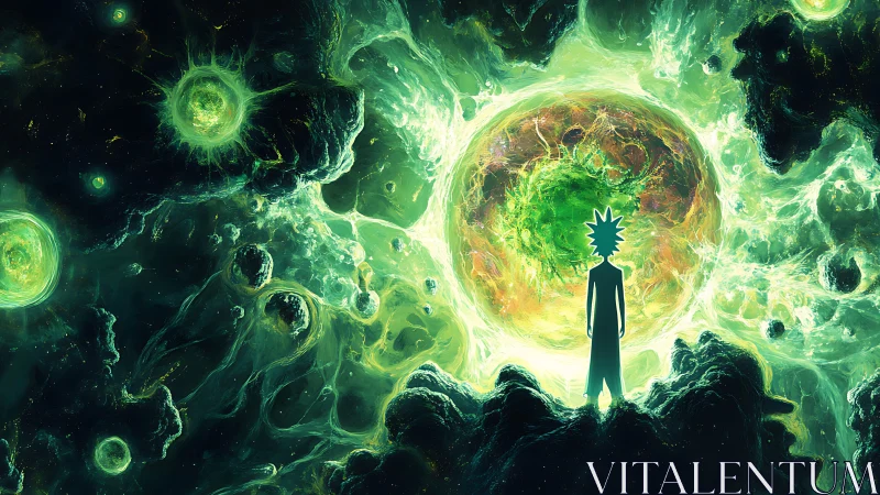 Cosmic wanderer gazing into a swirling green universe.