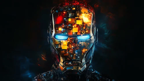 Glowing cyber helmet filled with tiny city lights and energy.